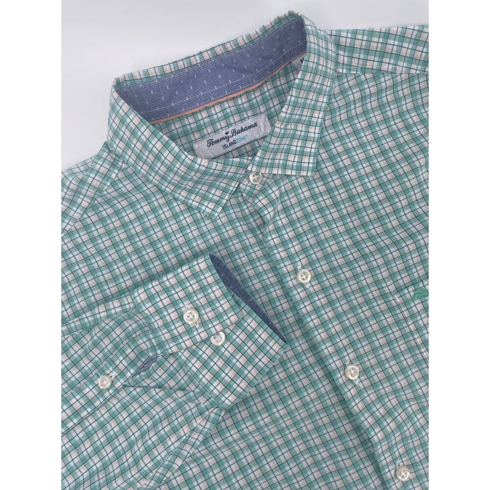 Tommy Bahama Button Up Dress Shirt Men’s M Green Plaid Pima/Polyester Vacation